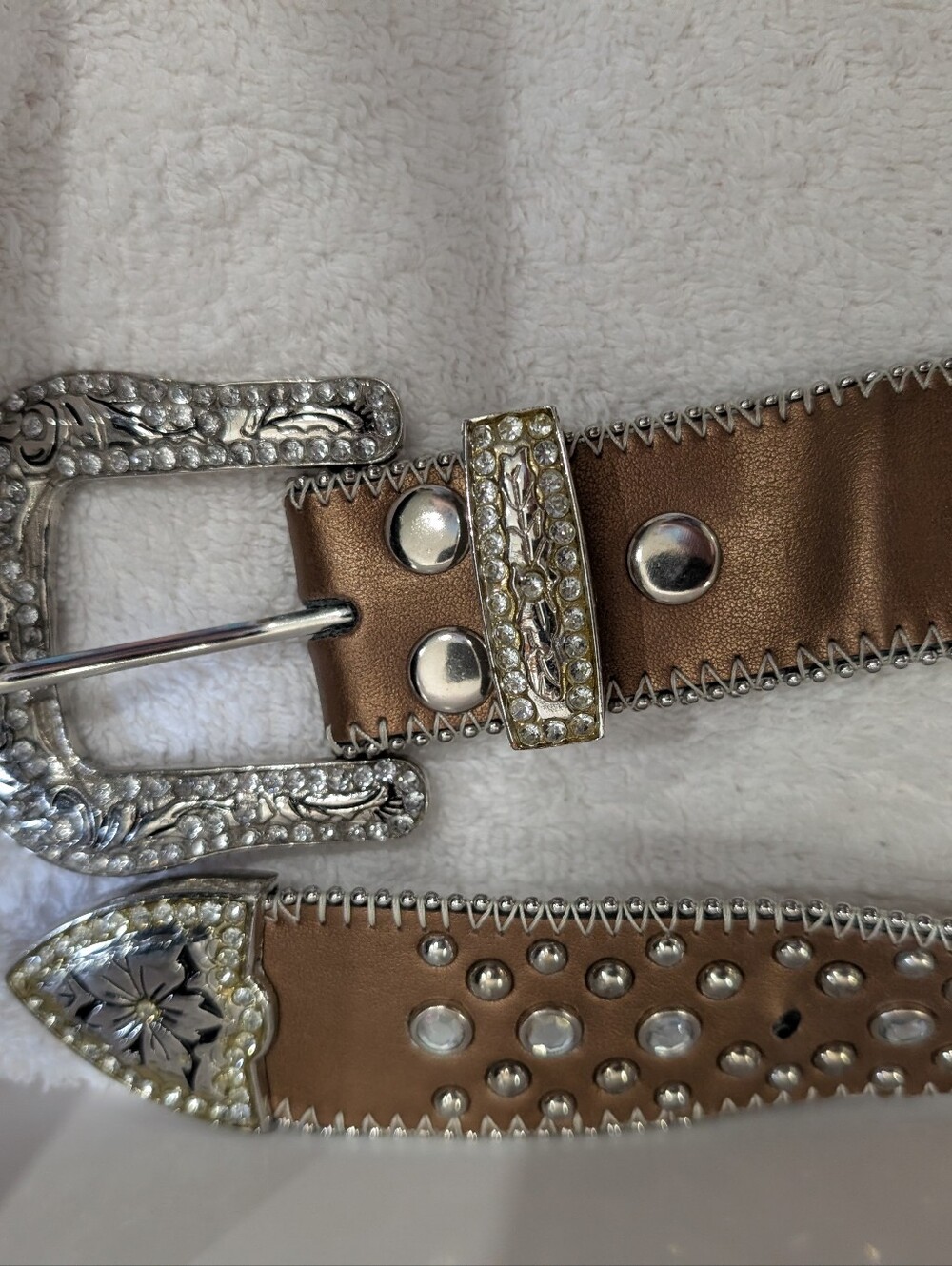 Western Metallic Bronze Belt. Leather with Rhinestone Accents